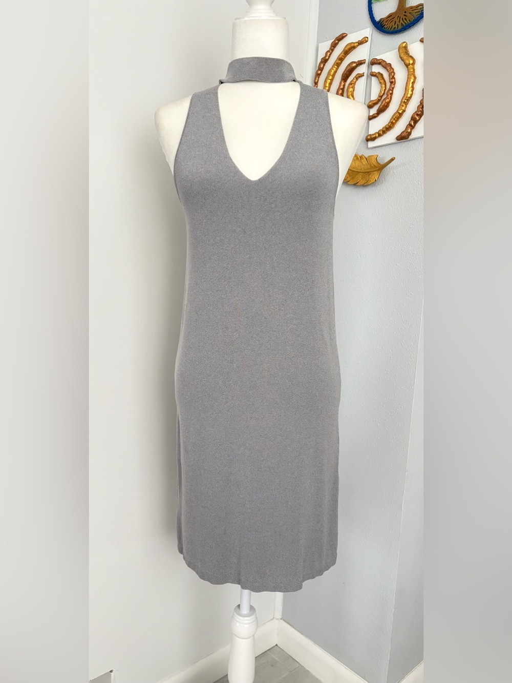 Milly Grey Sleeveless Choker V-Neck Midi Dress